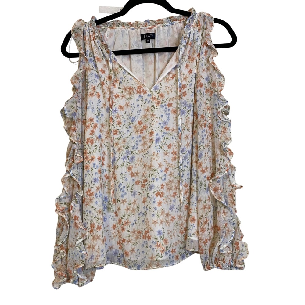 1.STATE Floral Ruffle Cold Shoulder Blouse Cream Orange Blue Long Sleeve Medium